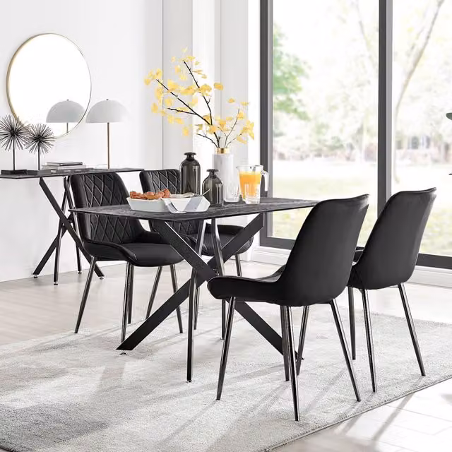 FurnitureboxUK Leonardo Grey Glass Marble Effect Rectangular Dining Table and 4 Pesaro Black Leg Chairs Set - Black