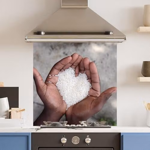 Rice Heart Toughened 6mm Glass Kitchen Splashback, White, W: 60 cm x H: 60 cm