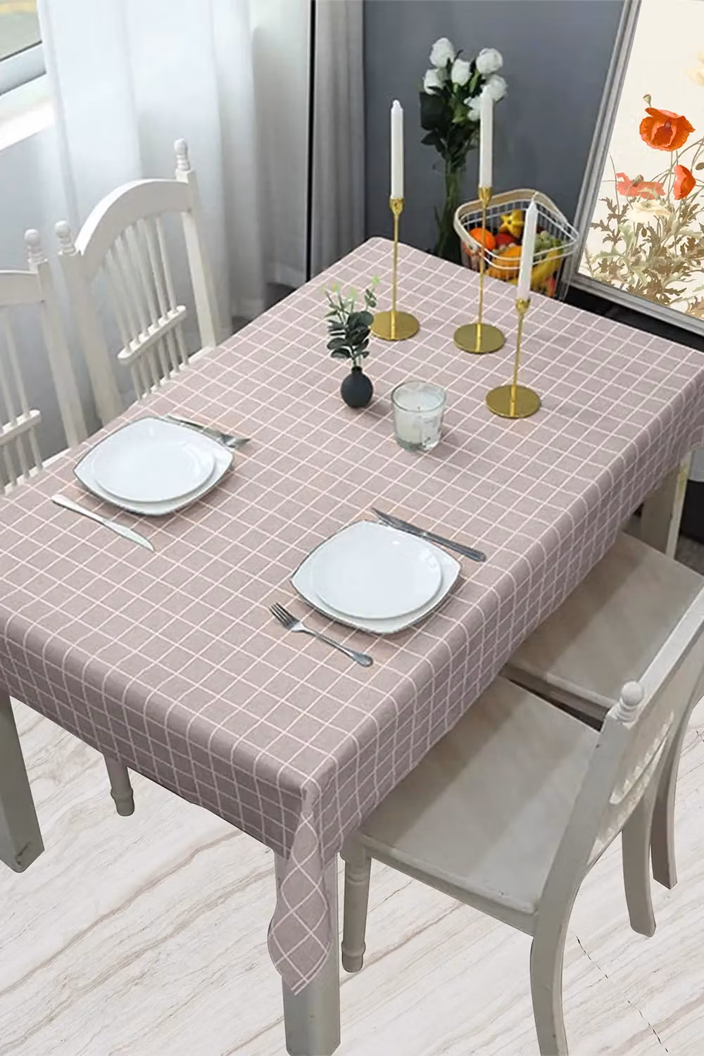 Neel Blue Checked PVC Rectangular Tablecloth in Light Grey, W: 137 cm, L: 180 cm – 2