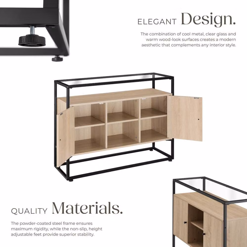 tectake Oldham Sideboard in Light Oak with Glass Top, Open Shelves and 2 Storage Compartments – 3