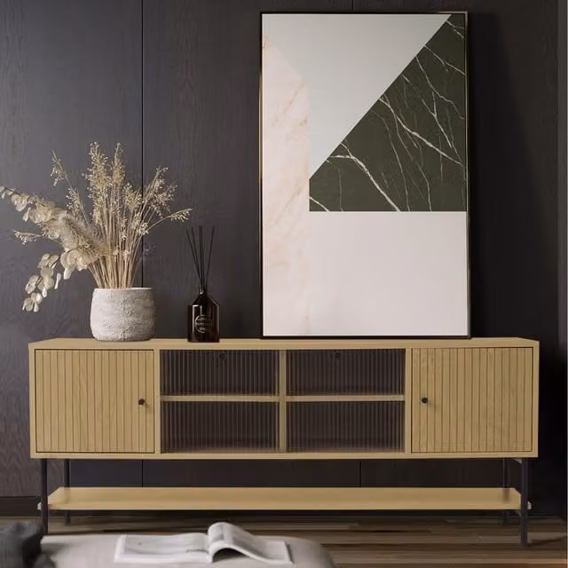 Livingandhome Modern Brown Wood Effect MDF TV Stand with Storage Space