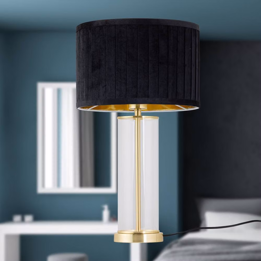 First Choice Lighting Aura Table Lamp in Satin Brass with Black Pleated Velvet Shade – 4