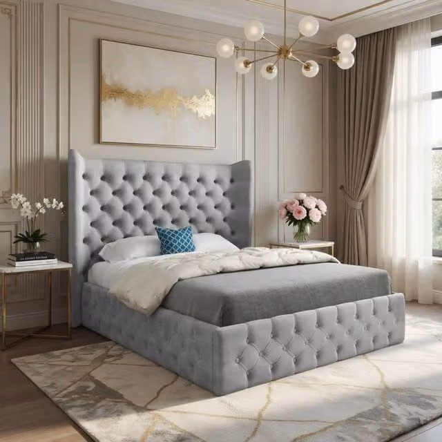 KDMD Ledbury Wide Winged Upholstered Designer Bed Frame in Grey Soft Velvet, Super King (200 x 200 cm) – 1