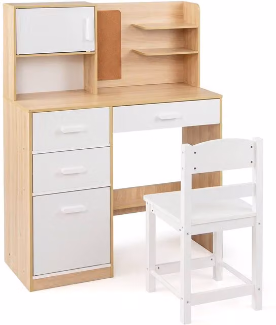 CASART Kids Wooden Desk and Chair Set with Hutch in Natural Pine – 1