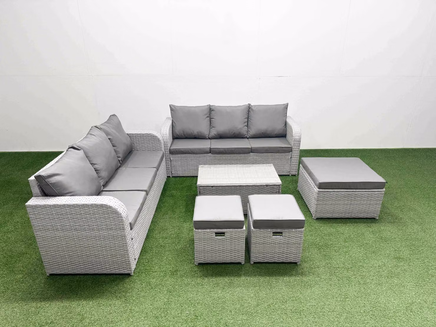 Fimous 9 Seater Rattan Garden Furniture Set in Light Grey with High Back Lounge Sofa, Coffee Table and 3 Ottomans – 2