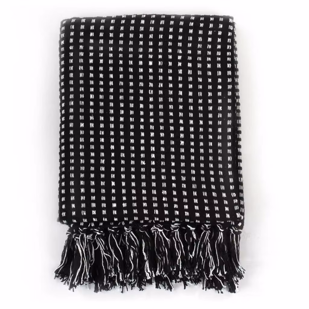 Berkfield Home Geometric Cotton Throw with Fringes, Black, W: 220 cm, D: 250 cm – 2