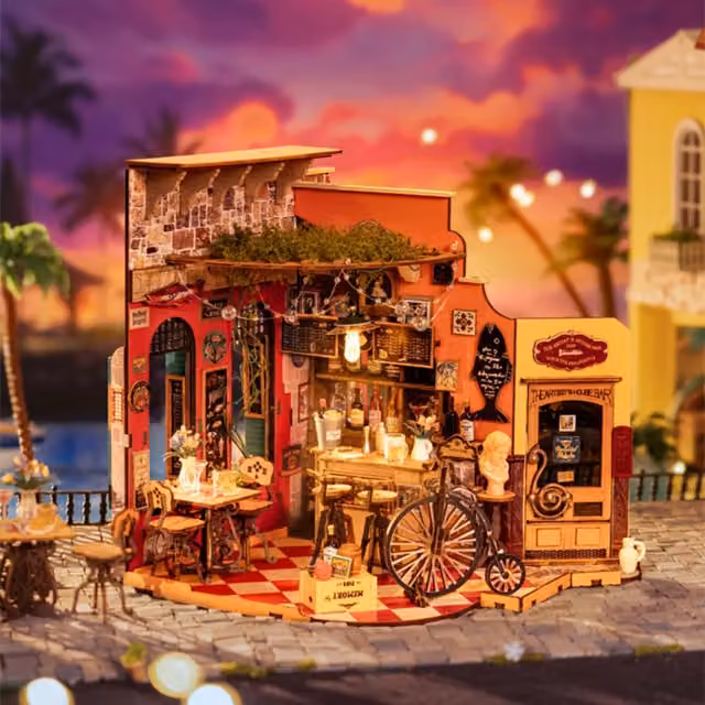 Syntego Cheers Bar and Dining DIY Miniature Dollhouse Model Kit, 1:24 Scale, Brown, Orange and Multicolour