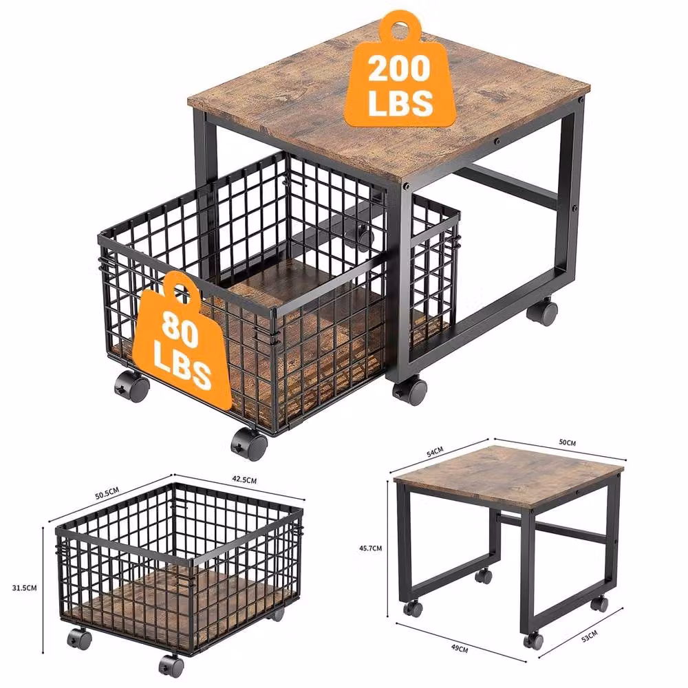 VOGREX Heavy Duty Wooden Mini Fridge Stand with Rolling Storage Basket in Brown – 2