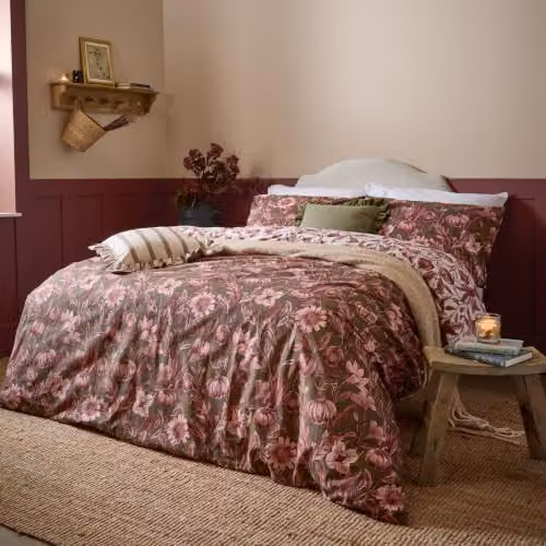 Riva Home Autumn Floral Reversible Duvet Cover Set, Pink, W: 180 cm x L: 200 cm