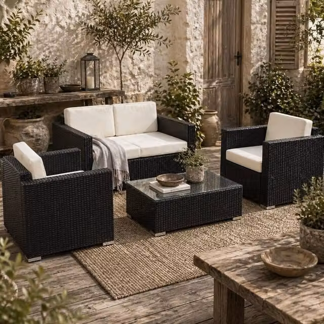 Wyld Haus Elrolo 4 Seater PE Rattan Outdoor Sofa Set with Coffee Table in Black and White
