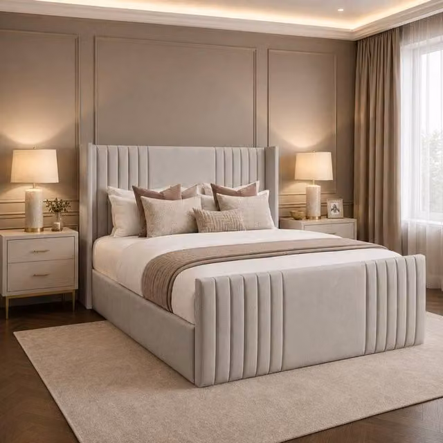 Desire Deco Carolyn Wingback Upholstered Panel Bed Frame in Light Beige, Small Double, W/D/H: 120 x 200 cm