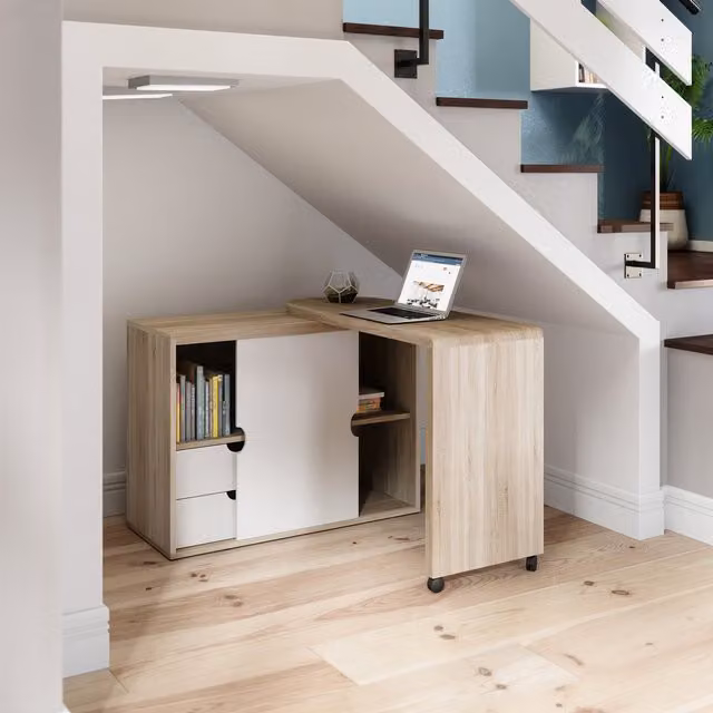 Teknik Pivot Computer Desk with Rotating Top and Enclosed Cabinet in White and Brown