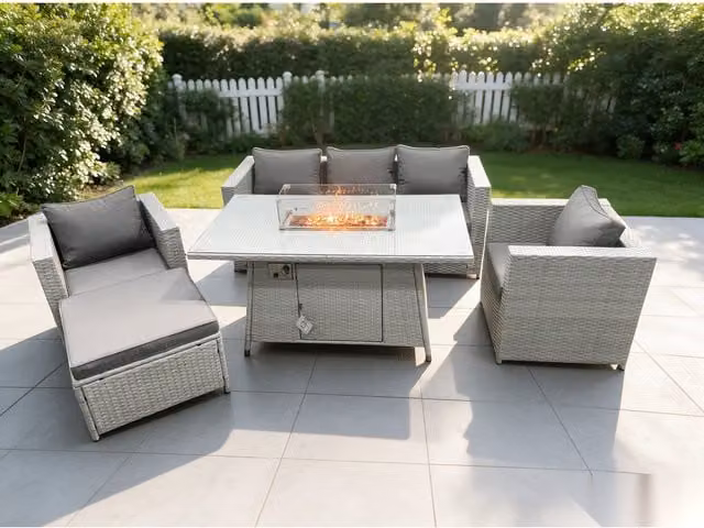 Fimous Modern Rattan Gas Fire Pit Garden Furniture Set with Burner Stool in Light Grey