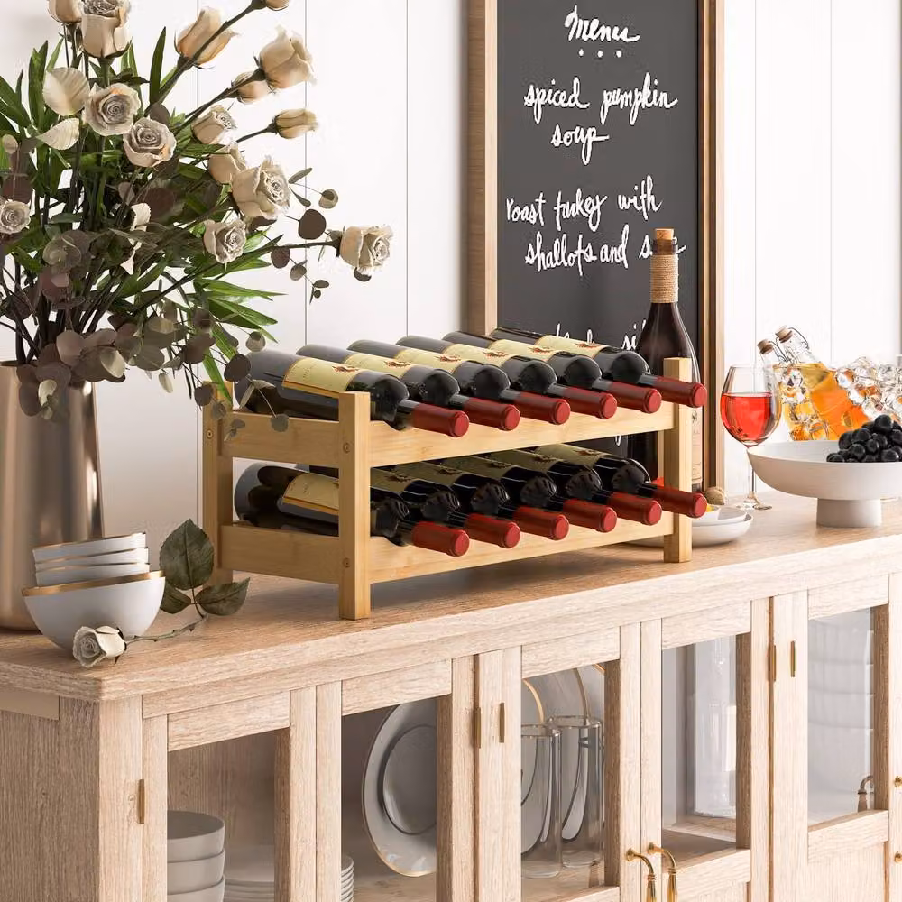 Gymax 2-Tier Bamboo Wine Rack, 12 Bottle Storage Organiser in Natural Brown – 2
