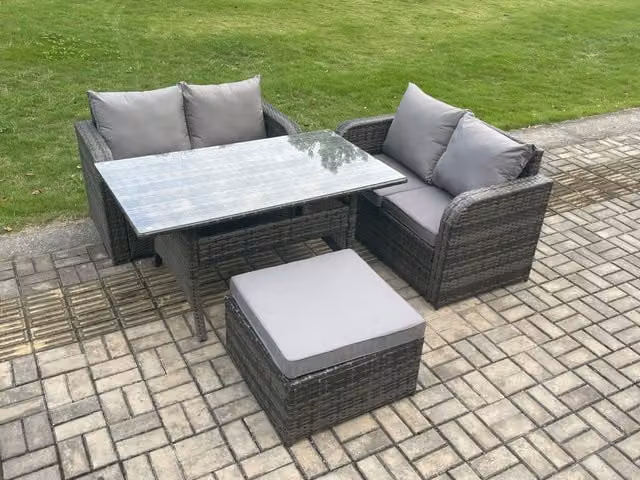 Fimous Garden Patio Furniture Set with Oblong Rectangular Wicker Rattan Dining Table, Loveseat Sofa and Large Footstool in Dark Grey