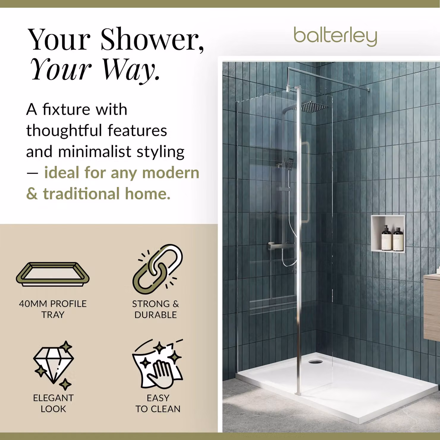 Balterley 8mm Glass Walk-In Wetroom Screen and Return with Tray, Silver and Transparent, W: 120 cm, D: 80 cm, H: 195 cm – 2