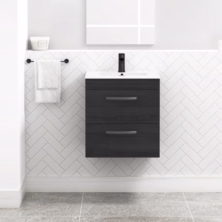 Royal Bathrooms Turin 500mm Wall Hung Vanity Unit in Hale Black with 2 Drawers and Matt Black Handles