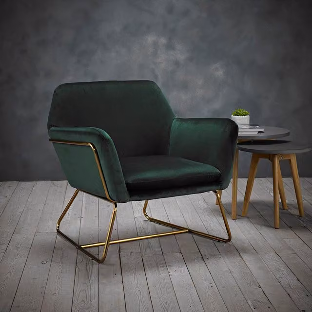 LPD Home Charles Armchair in Green Velvet with Metal Frame and Armrests
