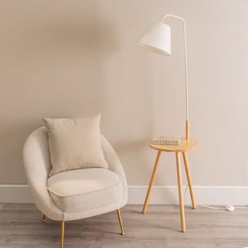 ValueLights Large Wooden Floor Lamp with White Fabric Tapered Shade, H 161 cm x W 47 cm x D 47 cm – 1