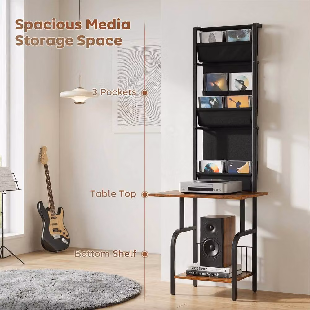 HOMCOM Vinyl Record Player Stand with Oxford Pockets in Rustic Brown and Black, H 144.0 cm x W 50.0 cm – 4