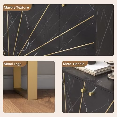 HOMCOM Modern Sideboard Storage Cabinet with Metal Legs in Black and Gold – 4