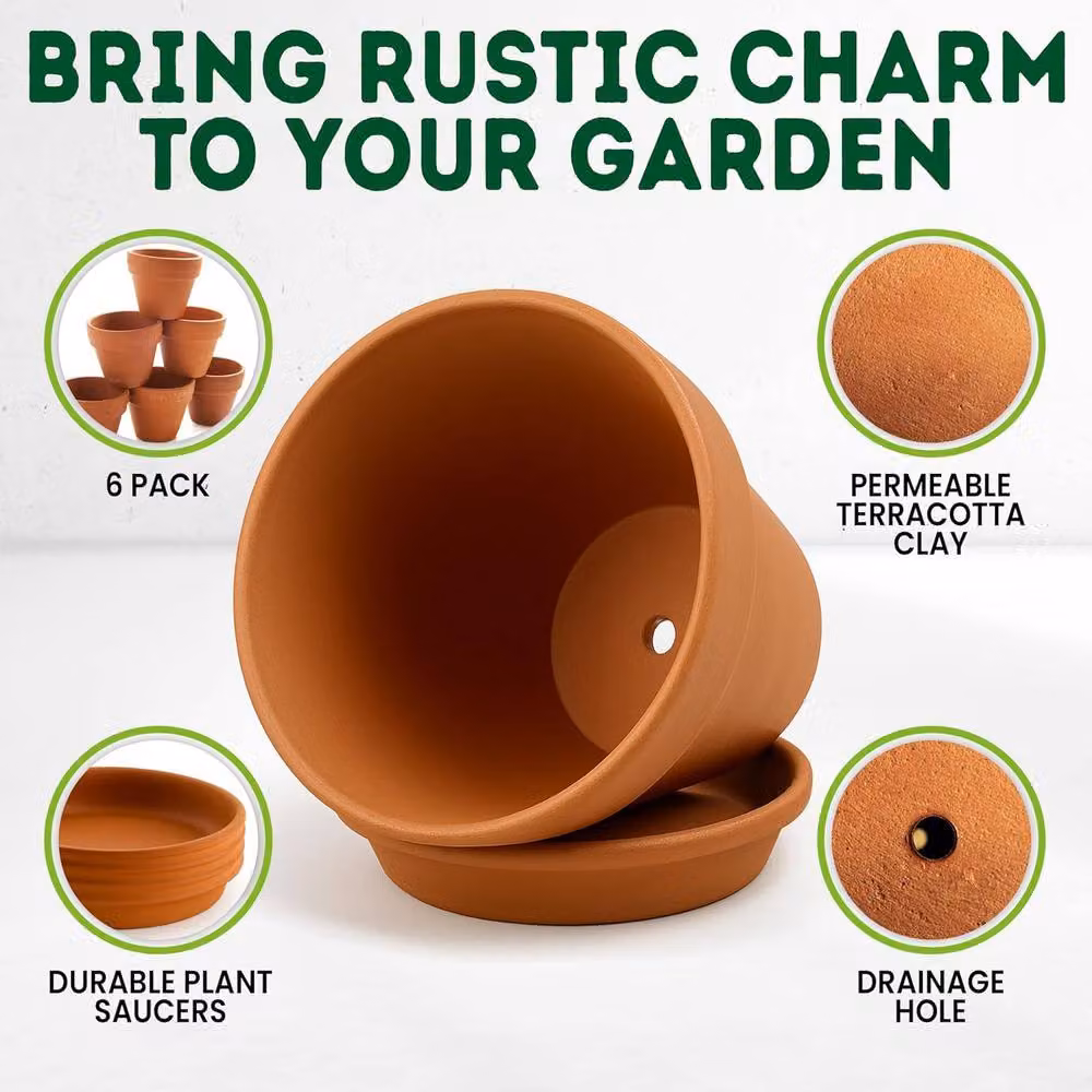 Green Thumbz Pack of 6 Brown Terracotta Clay Plant Pots with Saucer, 10 cm – 4
