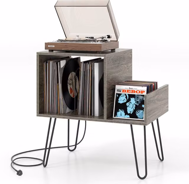 COSTWAY Modern Grey Record Player Stand and End Table