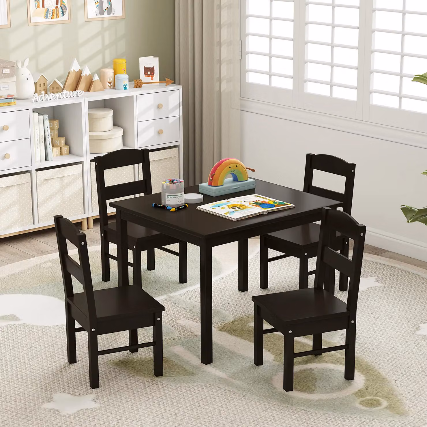 Gymax Childrens Activity Table and 4 Chairs Set in Dark Brown Lacquered Pine Wood – 3