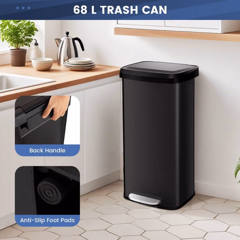 Costway 68L Stainless Steel Recycling Pedal Bin with Lid and Handle in Black – 8