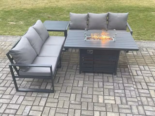 Fimous 6 Seater Aluminium Outdoor Garden Furniture Set with Gas Fire Pit Dining Table and Side Table in Dark Grey