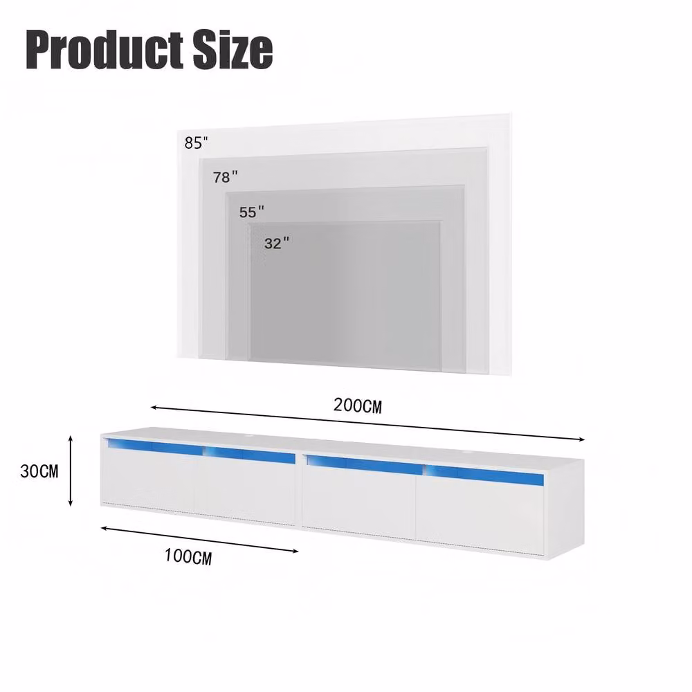 KEEPREAPER Sleek White Wall-Mounted Floating TV Stand with Integrated LED Lights and Flip-Down Cabinets for 55-85 inch TVs – 2