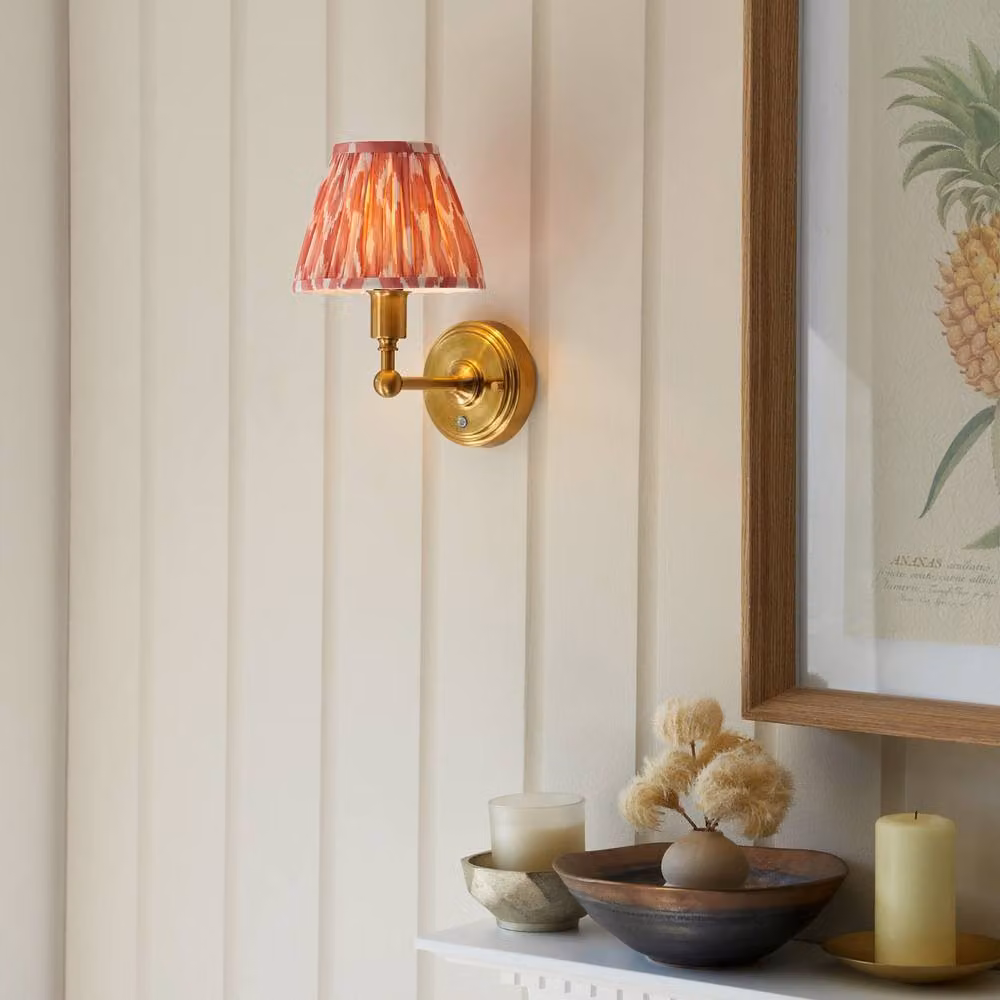 Netlighting Burley Rechargeable LED Wall Light with Pink Multicolour Fabric Ikat Shade and Brass Finish – 2