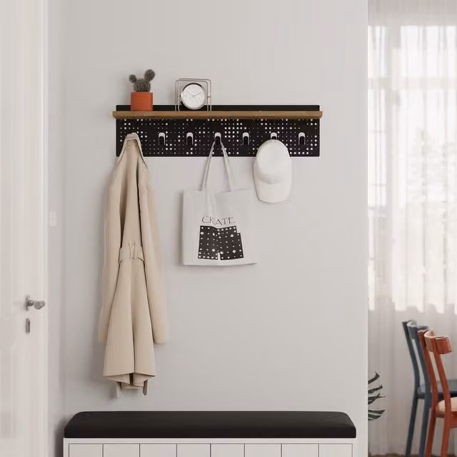 Decortie Poppy Modern Hanger Shelf with 7 Hooks in Oak Brown