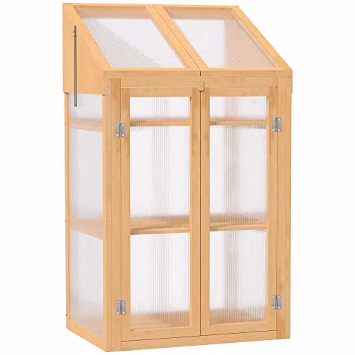 Outsunny Wooden Cold Frame Greenhouse with Polycarbonate and Shelving, Brown, W/D/H: 50 x 35 x 120 cm