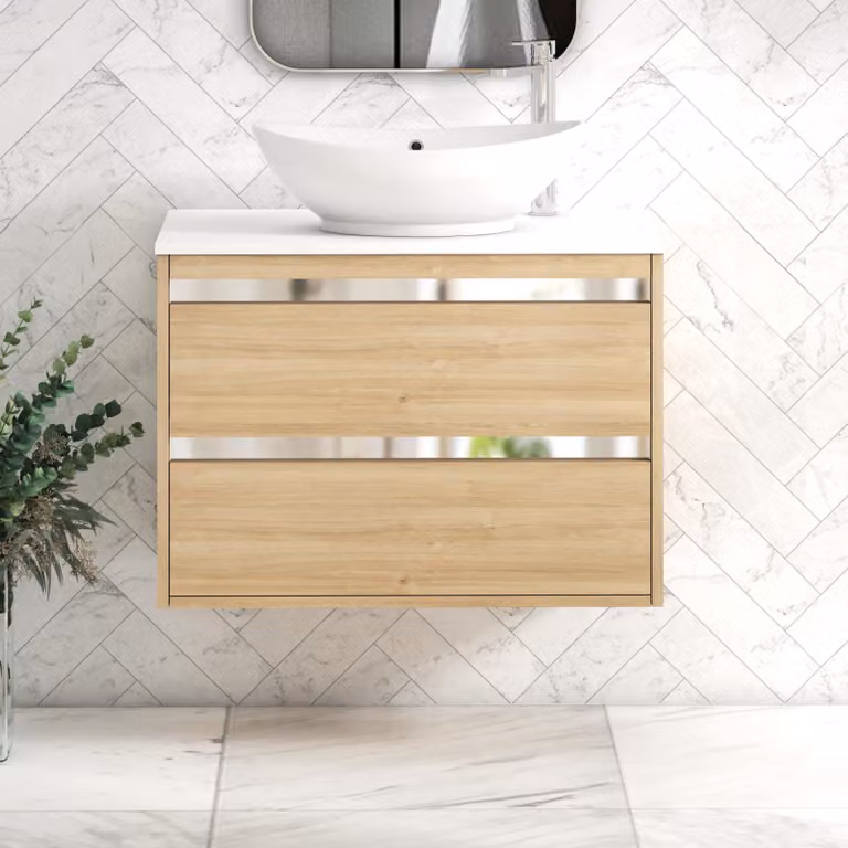 Royal Bathrooms Orion 800mm Wall Hung Vanity Unit in Natural Oak and White with Amaze Basin and Chrome Accent Trim