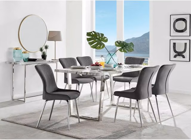 FurnitureboxUK Kylo White Marble Effect Dining Table and 6 Nora Silver Leg Chairs in Dark Grey