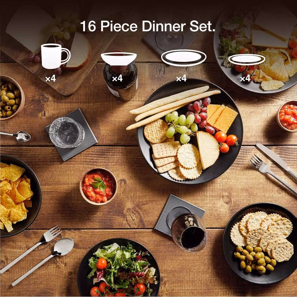 VonShef 16-Piece Matte Black Stoneware Dinner Set for 4 People – 2