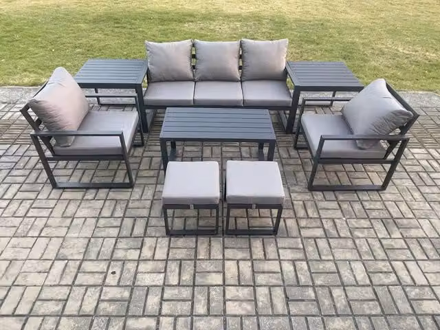 Fimous 8 Piece Aluminium Outdoor Garden Furniture Set in Dark Grey with Oblong Coffee Table, 2 Armchairs, 2 Side Tables and 2 Footstools