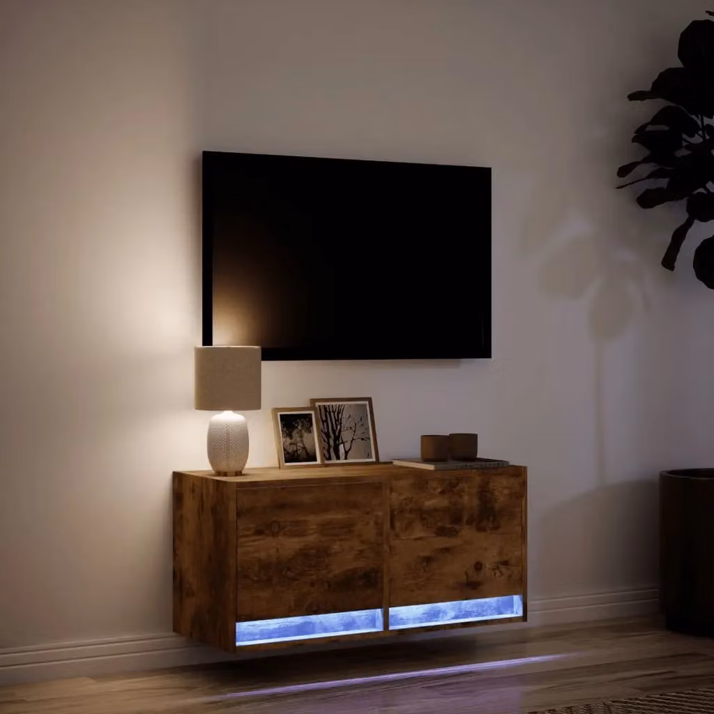 Berkfield Home TV Wall Cabinet with LED Lights in Smoked Oak Brown, W/D/H: 80 x 31 x 35 cm – 4