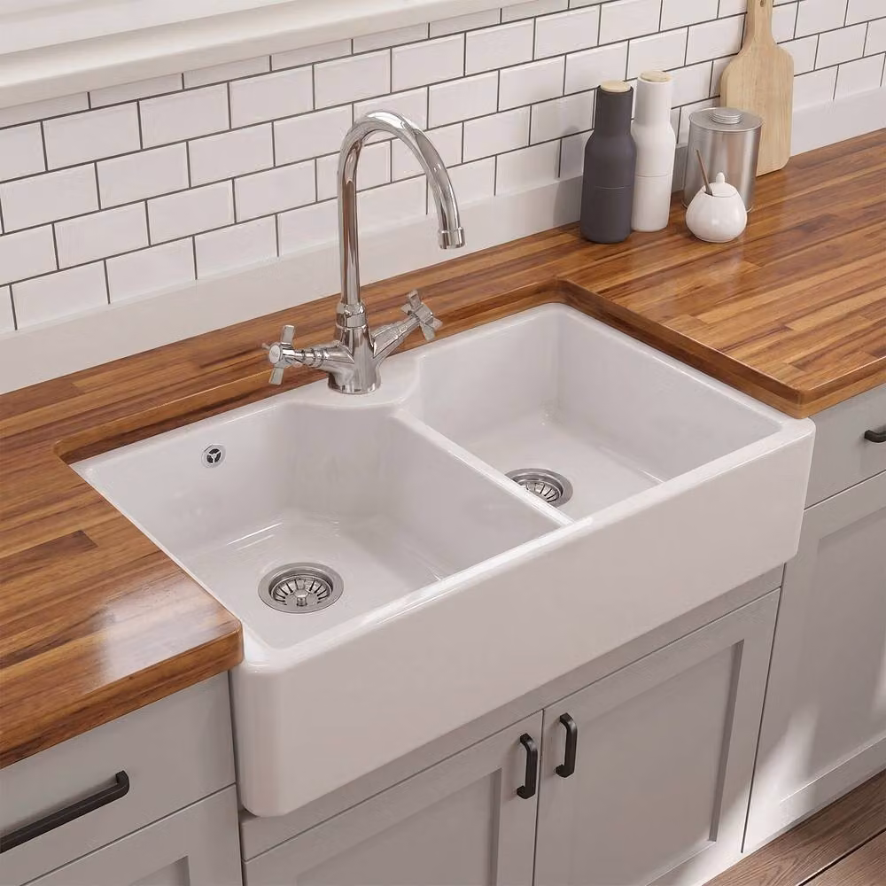Balterley White Fireclay 2 Bowl Butler Sink with Stepped Weir Wastes W: 89.5 cm, D: 55 cm, H: 22 cm – 5