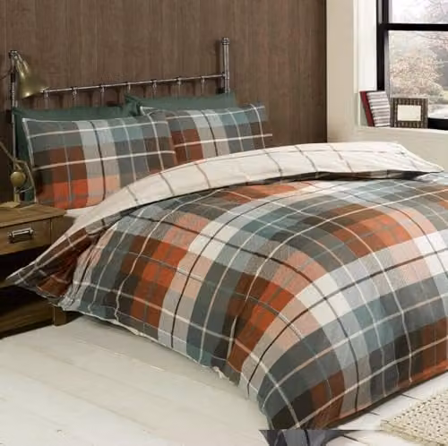 Rapport Home Lomond Check Flannelette Cotton Duvet Cover Set with Pillowcases in Terracotta and Multicolour, W/D/H: 230 x 230 cm and 50 x 75 cm – 1