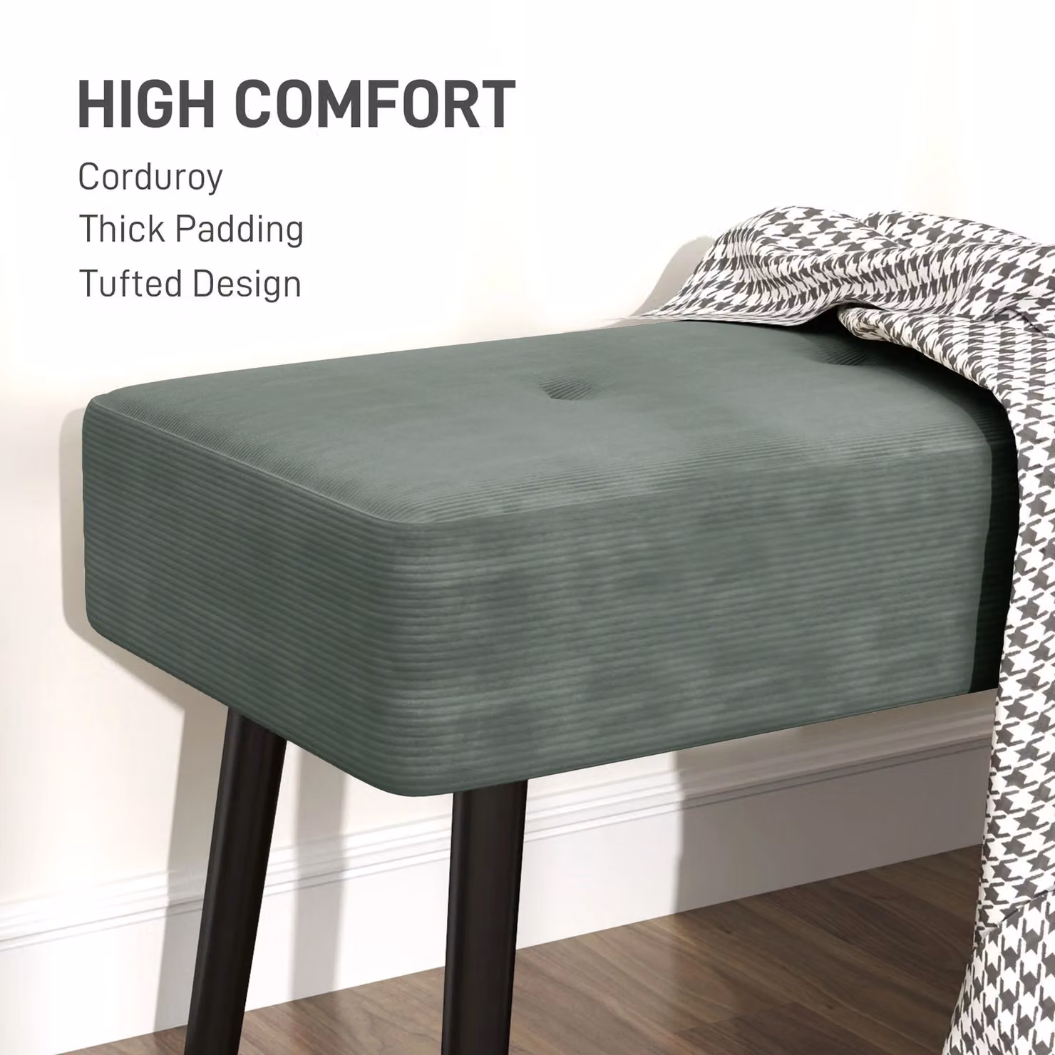 HOMCOM Corduroy End of Bed Bench in Green with Metal Legs – 3