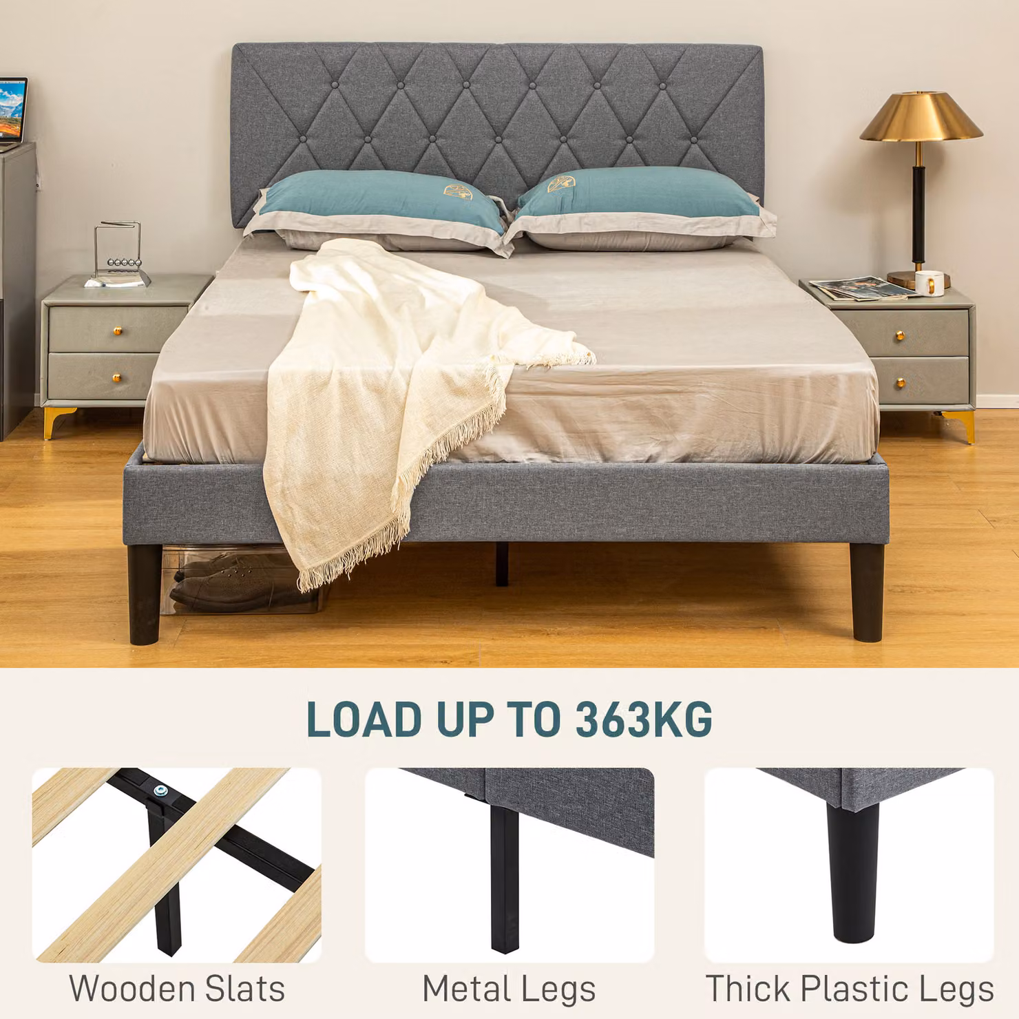 HOMCOM Grey Linen Upholstered Double Bed Frame with 5-Level Adjustable Headboard and Wooden Slats, W/D/H: 180 x 200 cm – 4