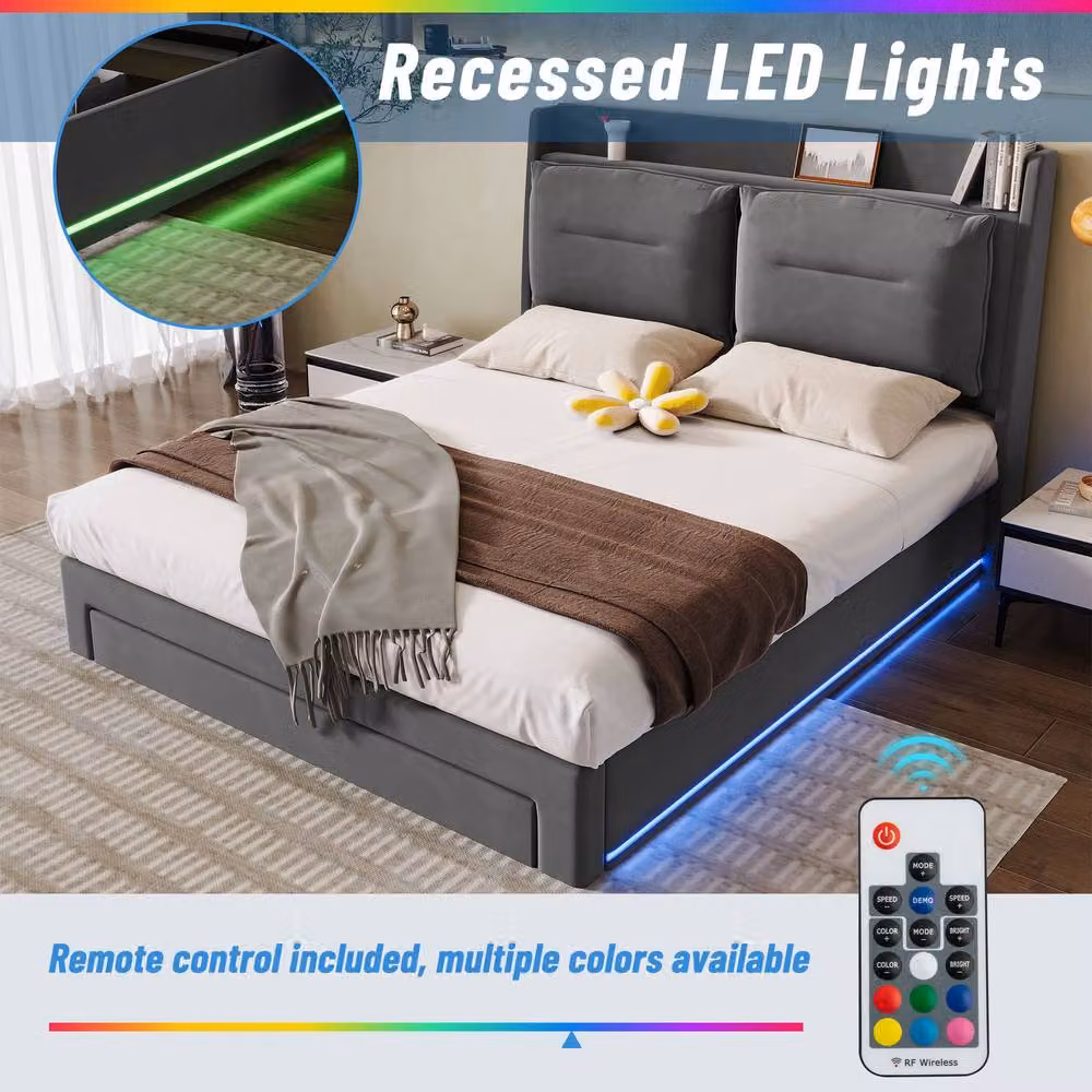 BTM Dark Grey Velvet Double Hydraulic Bed with LED Under-Bed Lighting and Storage – 7