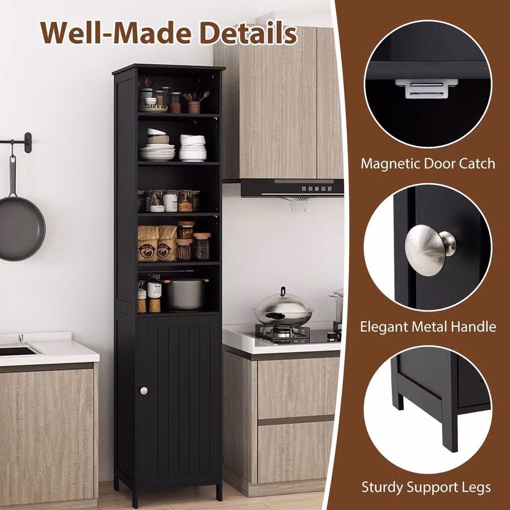 Gymax Black Slim Bathroom Tall Floor Cabinet with 5 Open Shelves and Hinged Doors – 9