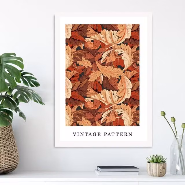 ARTZE William Morris Acanthus Floral Art Print in Orange with White Frame, A4 – 1