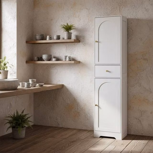 Wyld Haus Remodi Tall Bathroom Storage Cabinet in White with Gold Details, H 170 x W 40 x D 29.5 cm