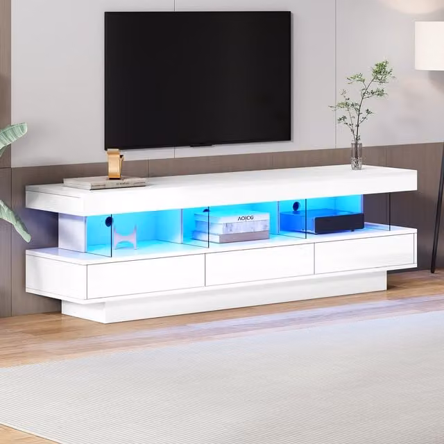 Aosom.UK Modern High Gloss TV Unit with Storage Drawers and Remote Control LED Lights in White, W/D/H: 160 x 38 x 50.5 cm