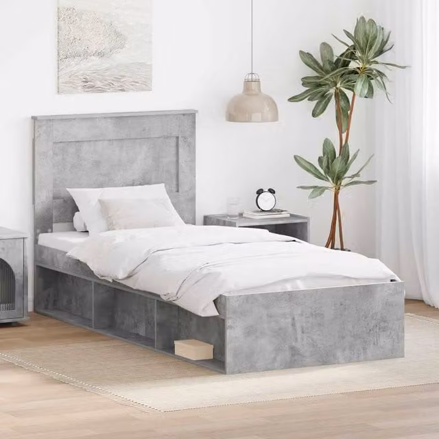 Berkfield Home Bed Frame with Drawer in Concrete Grey, Solid Pine Wood and MDF, W: 75 cm, L: 190 cm – 1