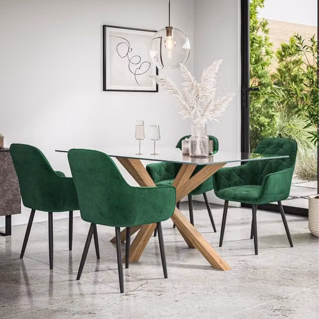 More4Homes Etta Glass Dining Table Set with Solid Oak Legs and 4 Grey Anika Velvet Chairs